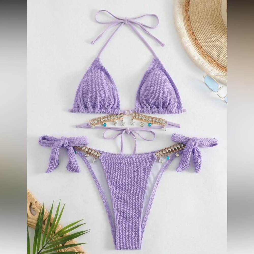 SHEIN Swim Summer Beach Rhinestone Decor Halter Triangle Purple Bikini Size L